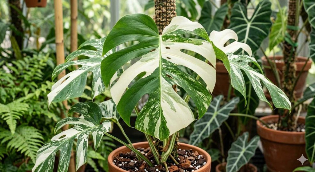 Hoja de Monstera Deliciosa Albo Variegata mostrando el patrón de variegación blanca y verde en un entorno de invernadero